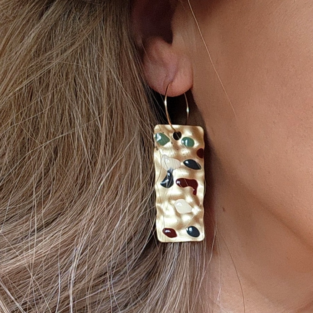 BOHO Jewelry Hypoallergenic 14K Gold plated Hoops Earrings Enameled Bar